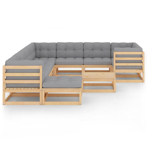 11 Piece Gray Cushioned Pinewood Outdoor Sectional Sofa Set E714