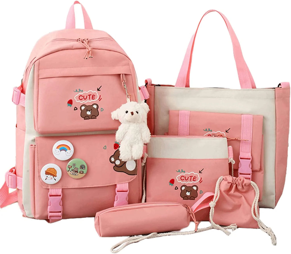 5Pcs Backpacks Combo Set with Bear Pendant & Pins O7514