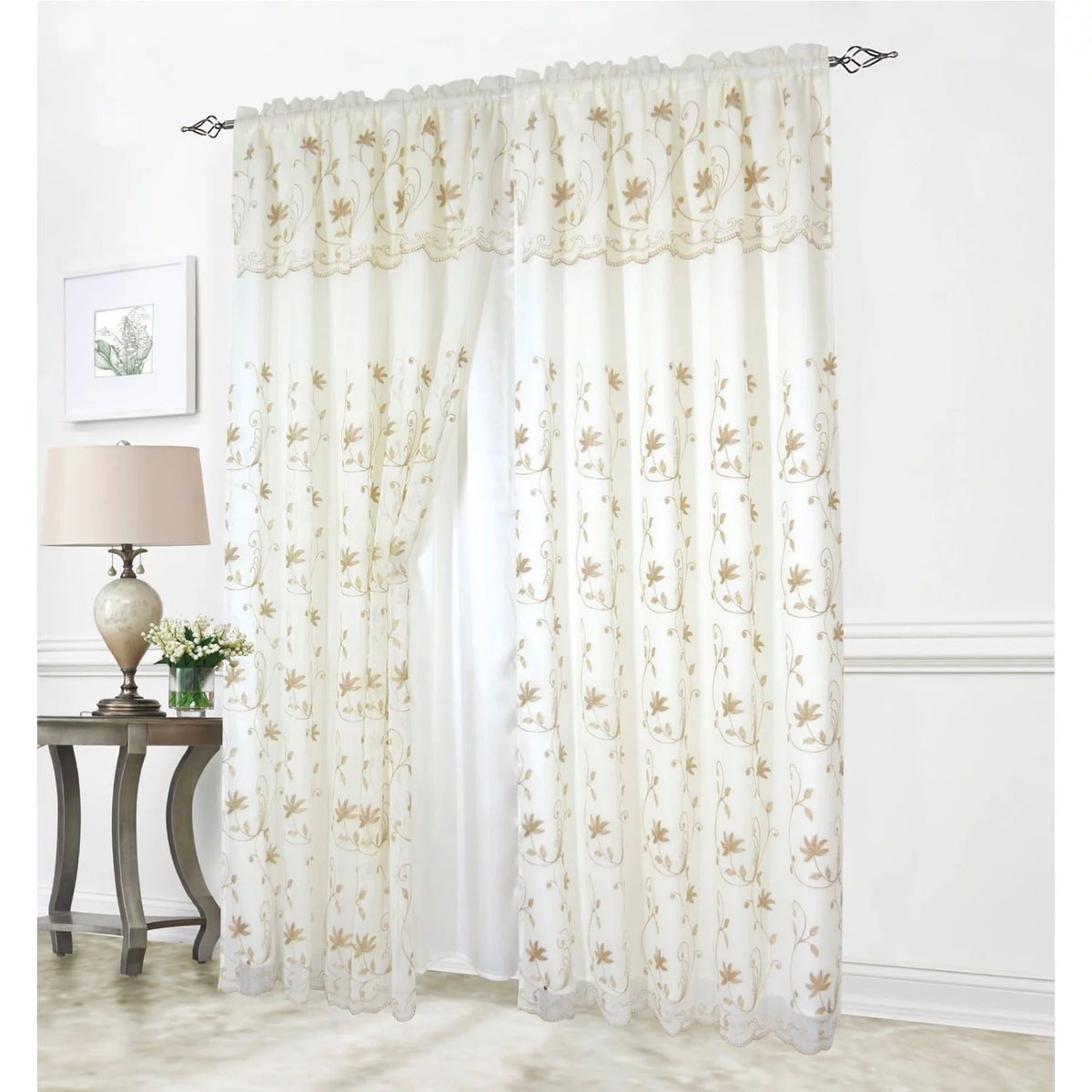 Floral Embroidered Rod Pocket Window Panel with Valance and Backing, Beige/Taupe, 54x90 Inches Y91383