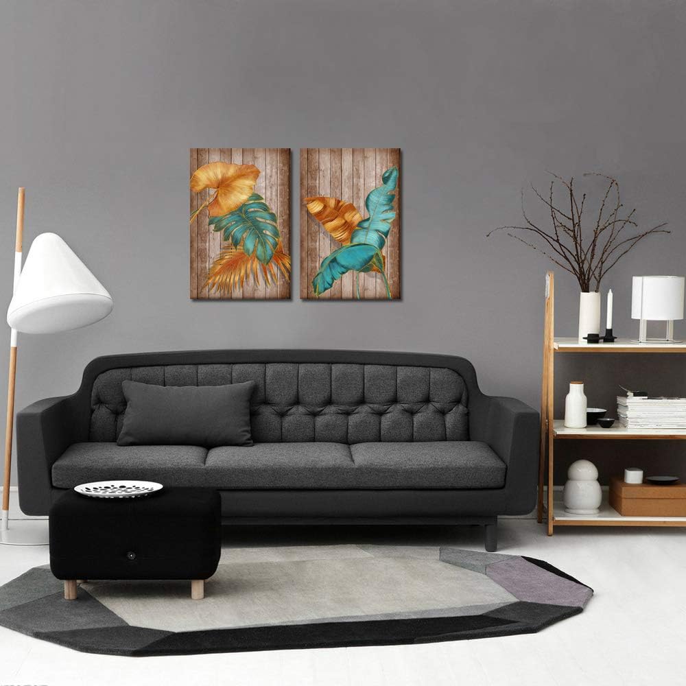 2 Piece Brown Teal Tropical Leaves Canvas Print Wall Art I224