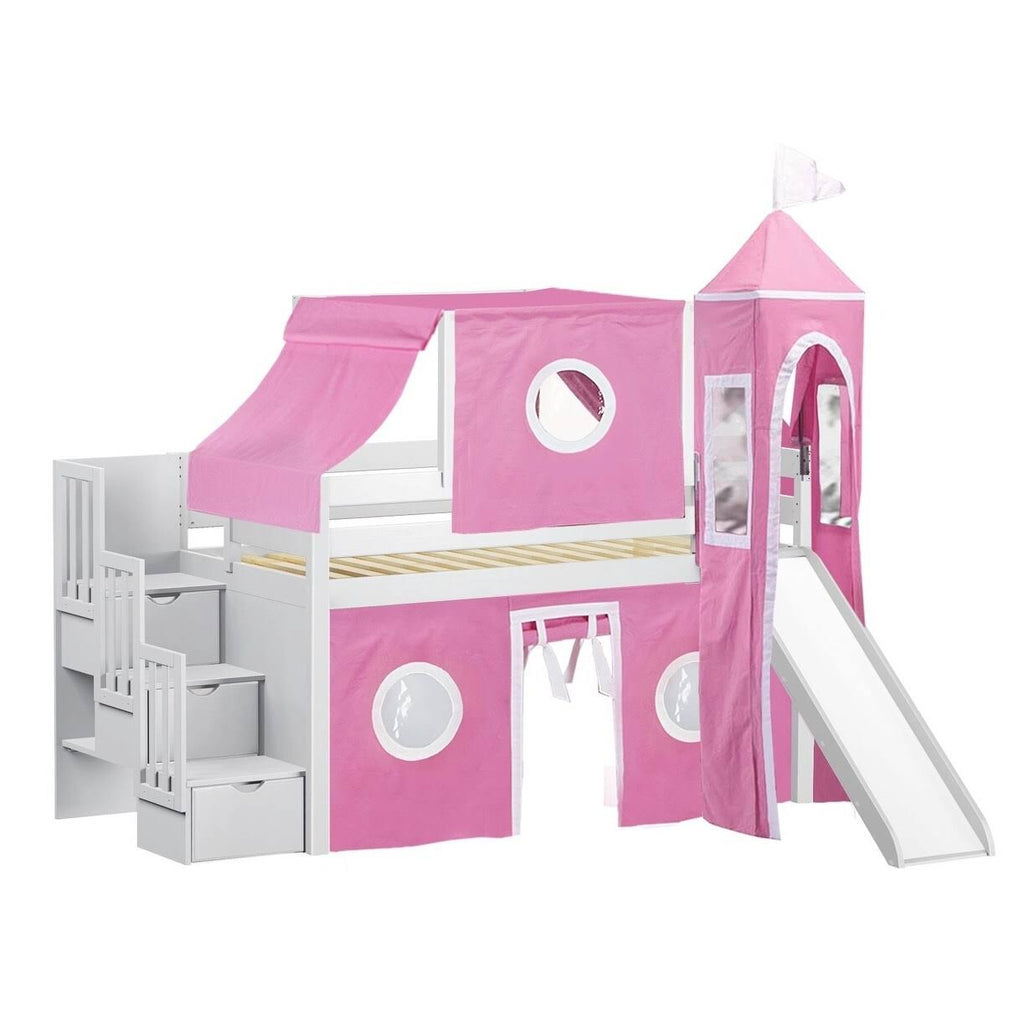 Blue Low Loft Twin Stairway Bed with Slide and Tent T3277