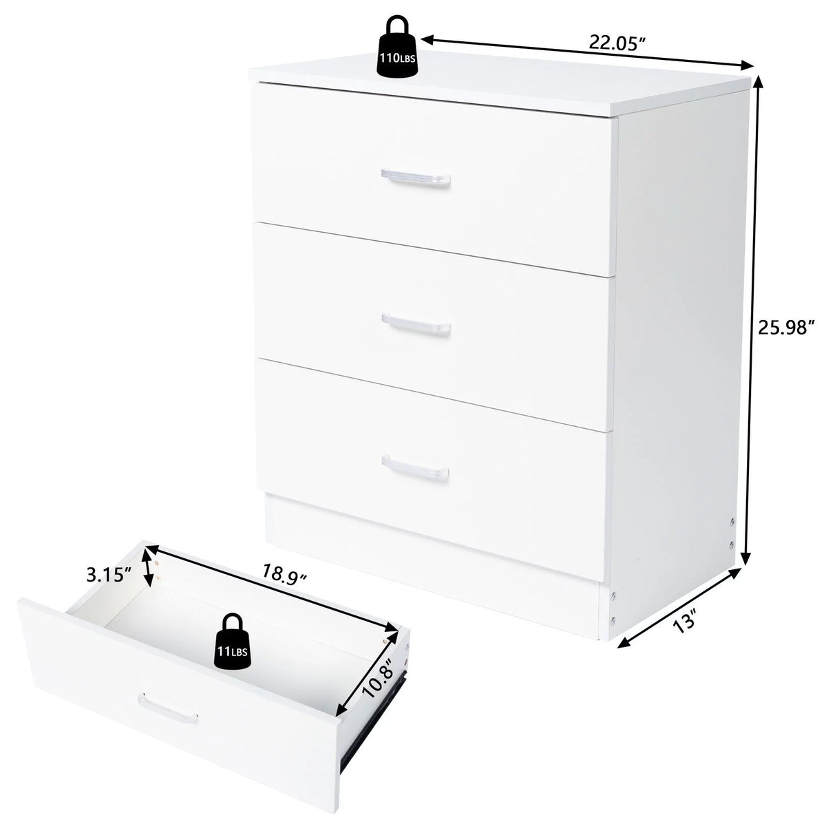 Set of 2 White 3 Drawer Dresser R4947
