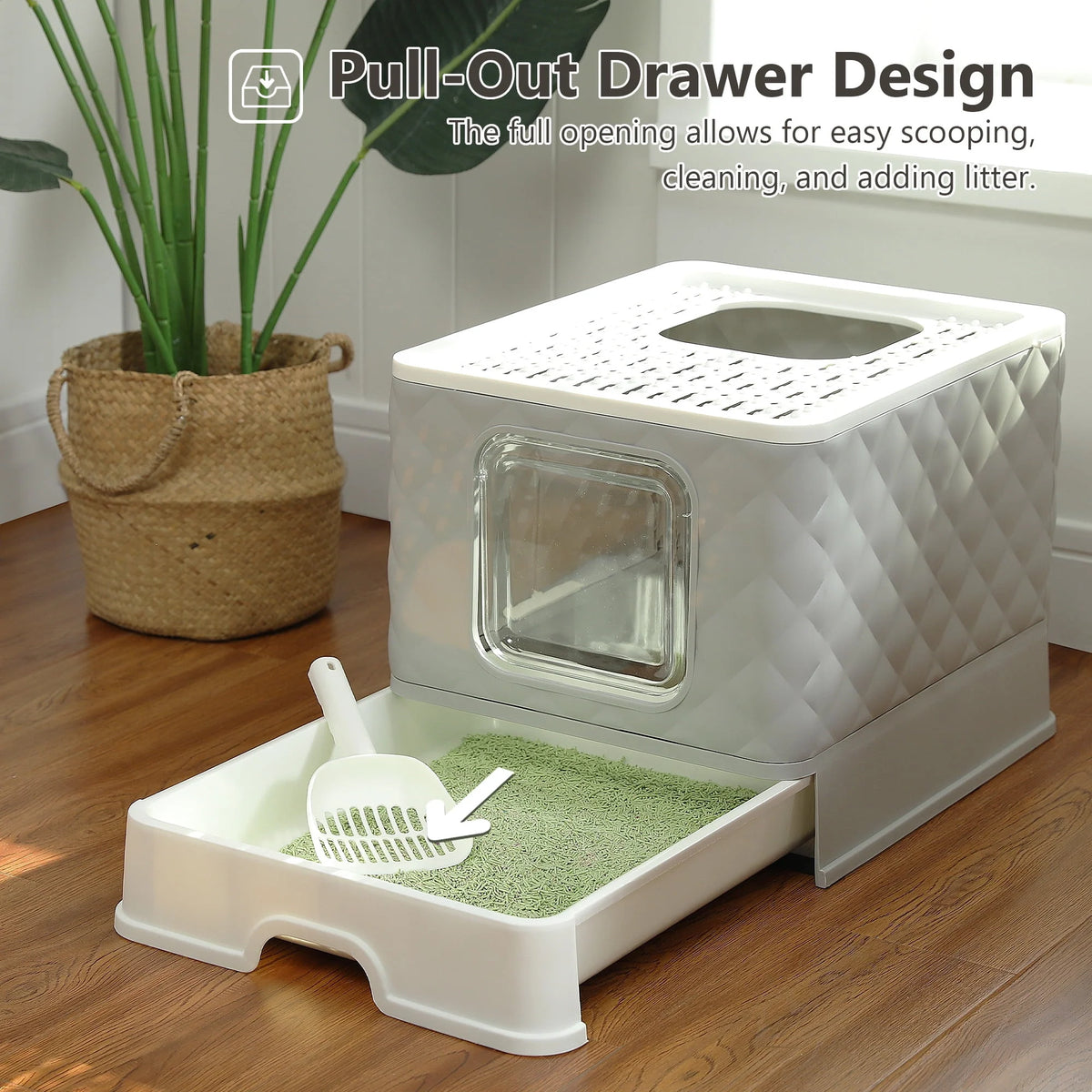 Enclosed Cat Litter Box with Lid Drawer Type Gray B457906
