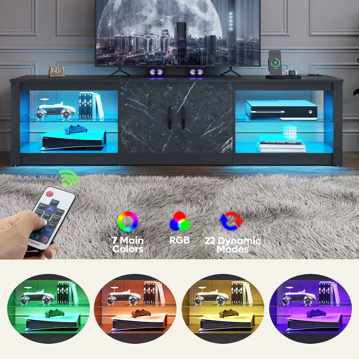 Black Marble TV Stand with LED Lights & Power Outlet L16106