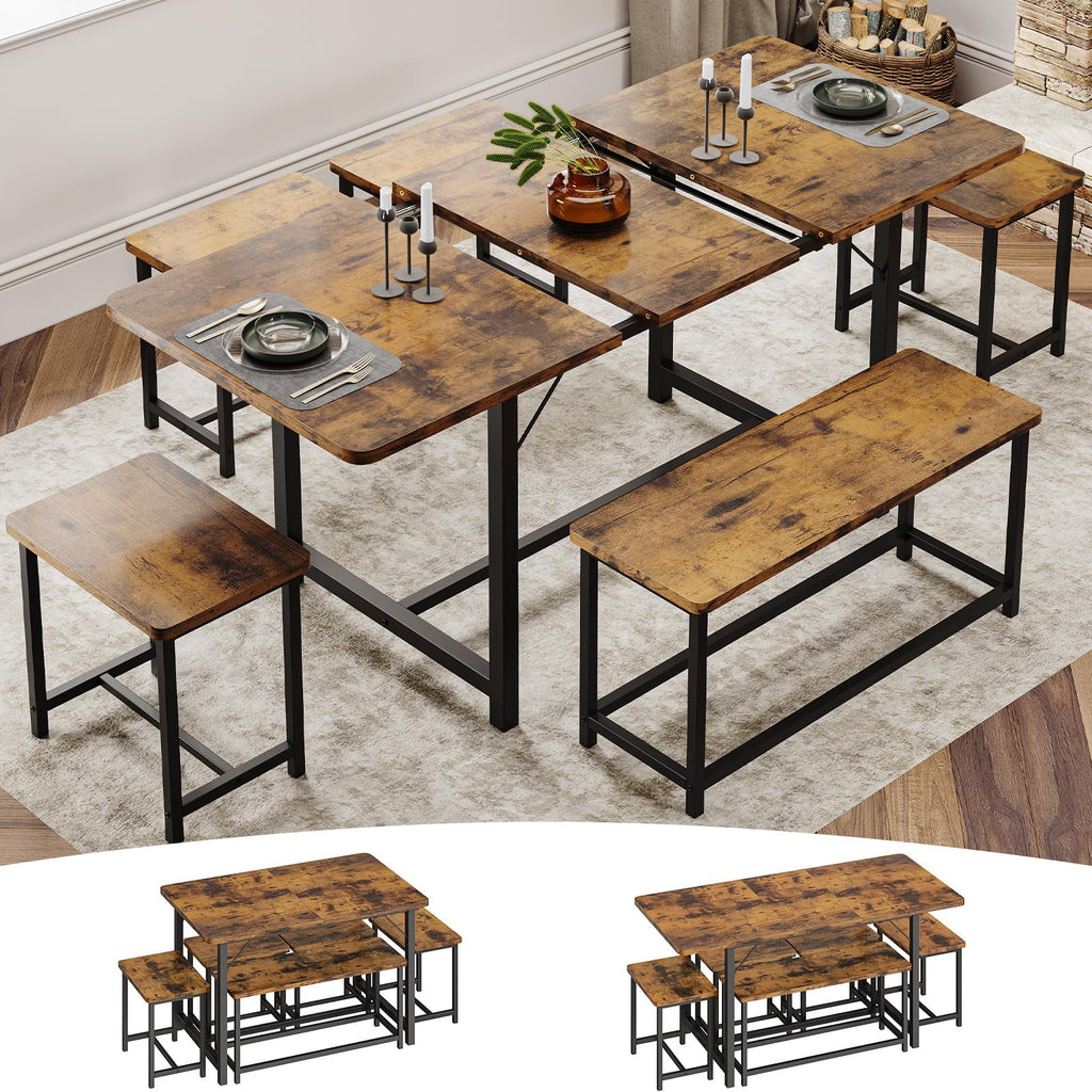 6 Piece Extendable Dining Table Set with Bench and 4 Stools I576403