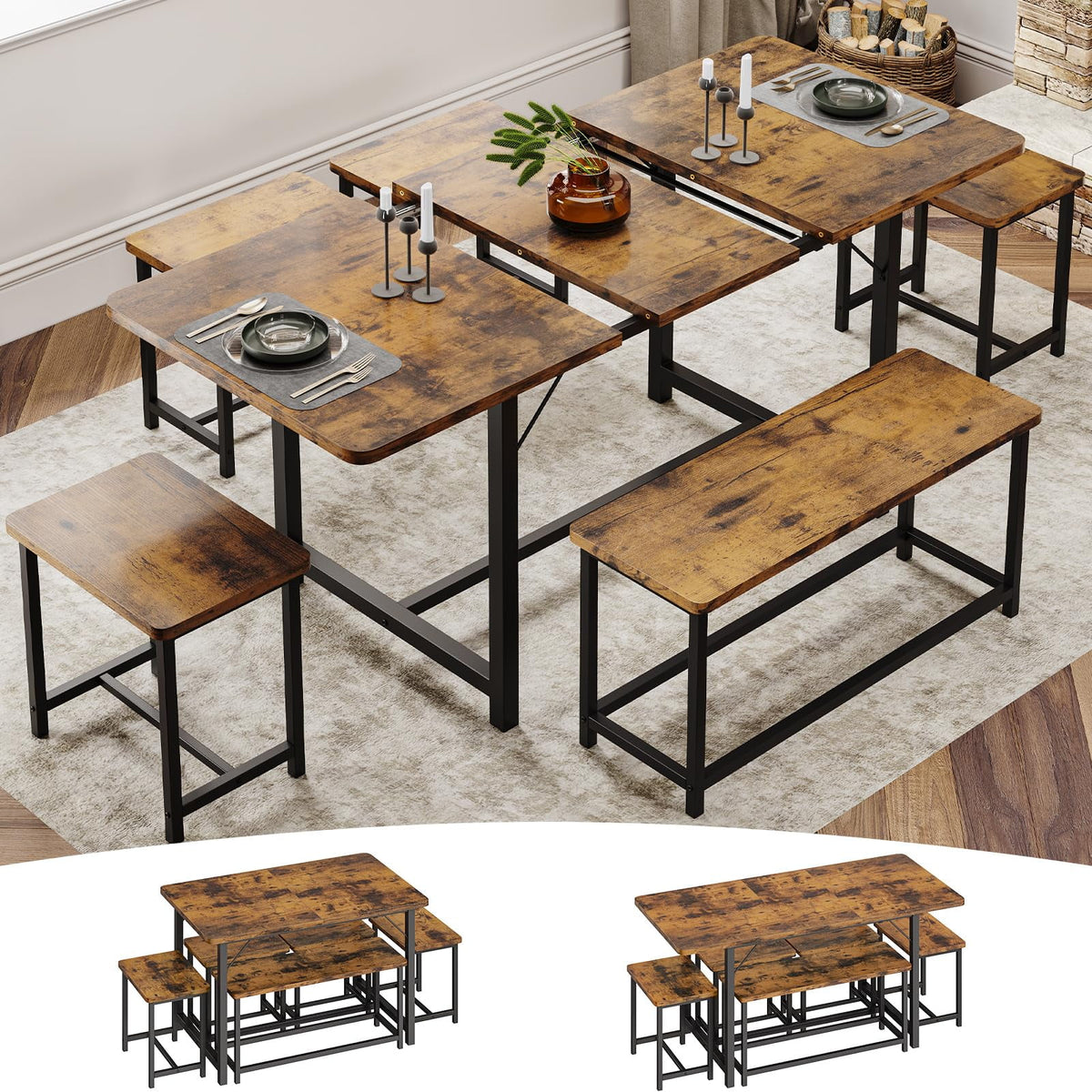 6 Piece Extendable Dining Table Set with Bench and 4 Stools I576403