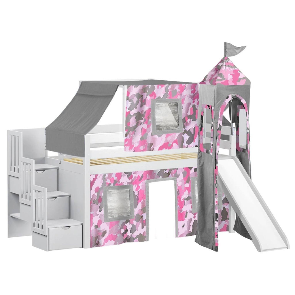 Blue Low Loft Twin Stairway Bed with Slide and Tent T3277