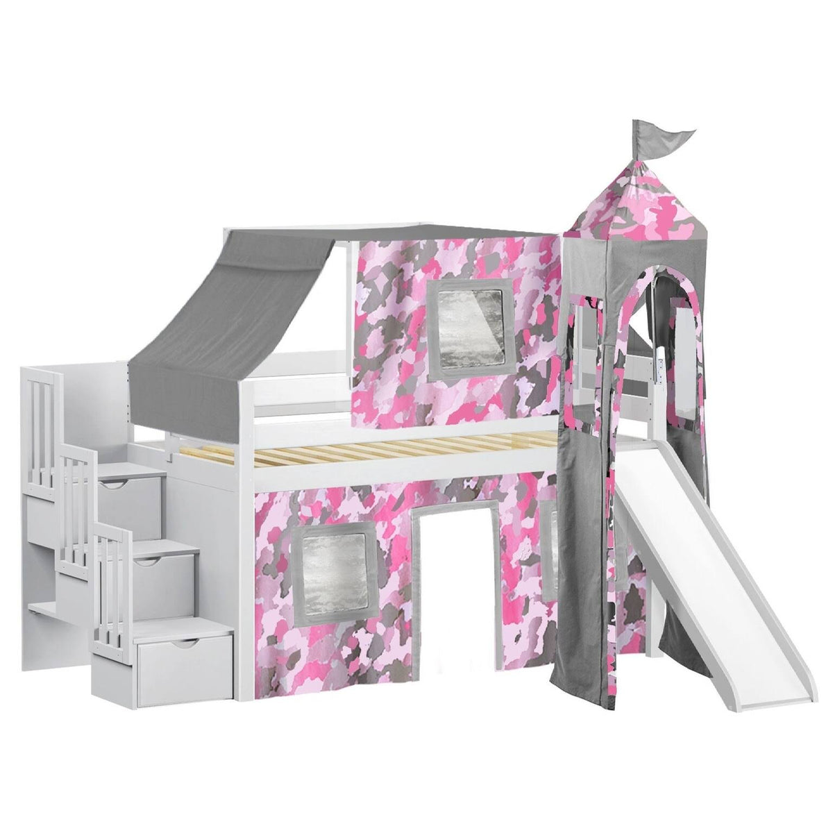 Blue Low Loft Twin Stairway Bed with Slide and Tent T3277