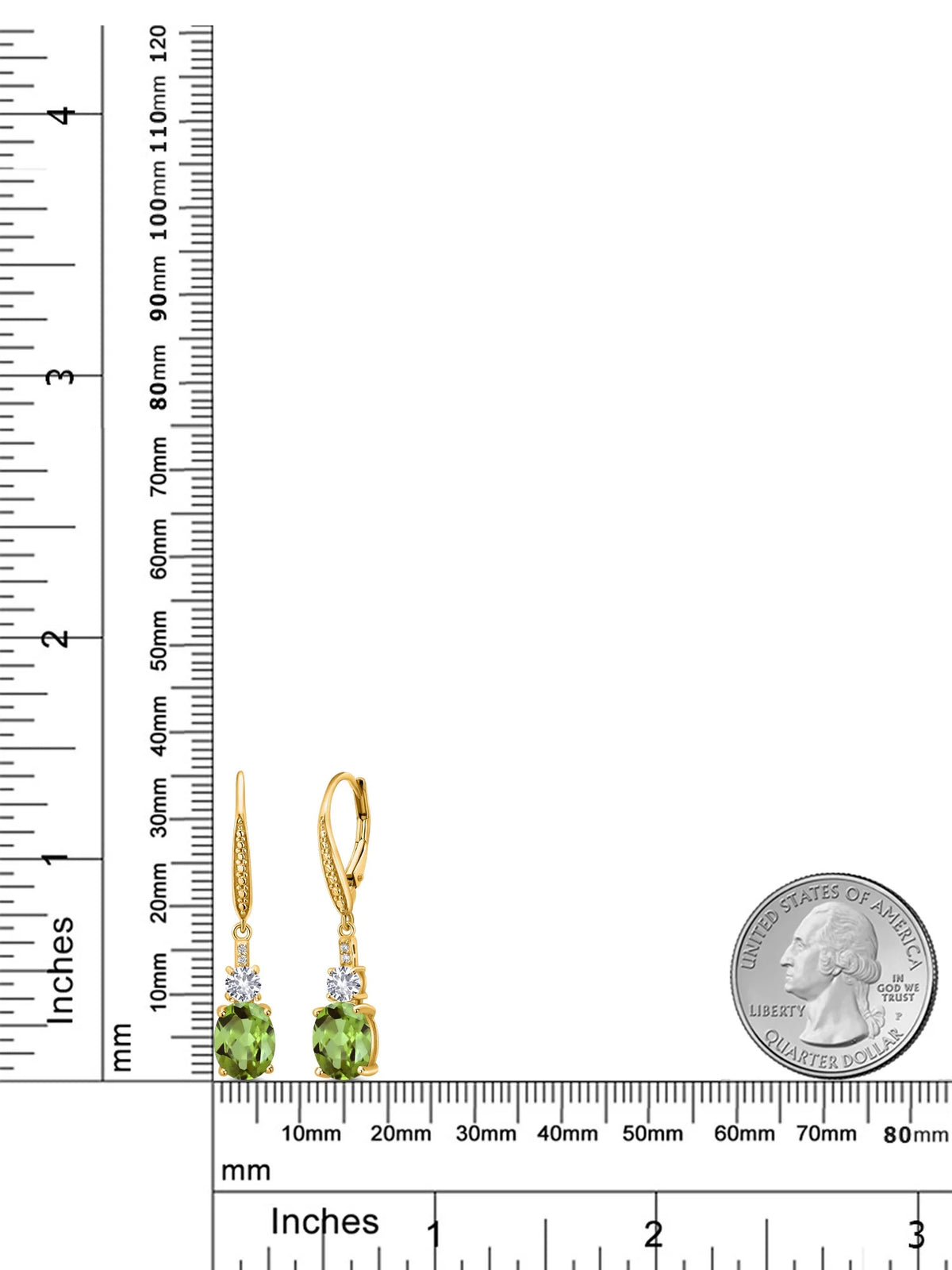 18K Yellow Gold Plated Silver Green Peridot and White Created Sapphire Dangle Earrings with Lab Grown Diamond E728