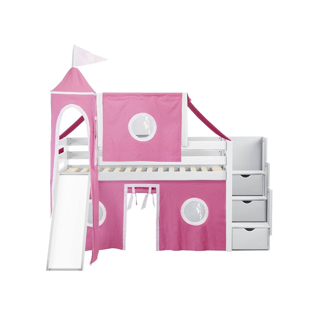 Blue Low Loft Twin Stairway Bed with Slide and Tent T3277