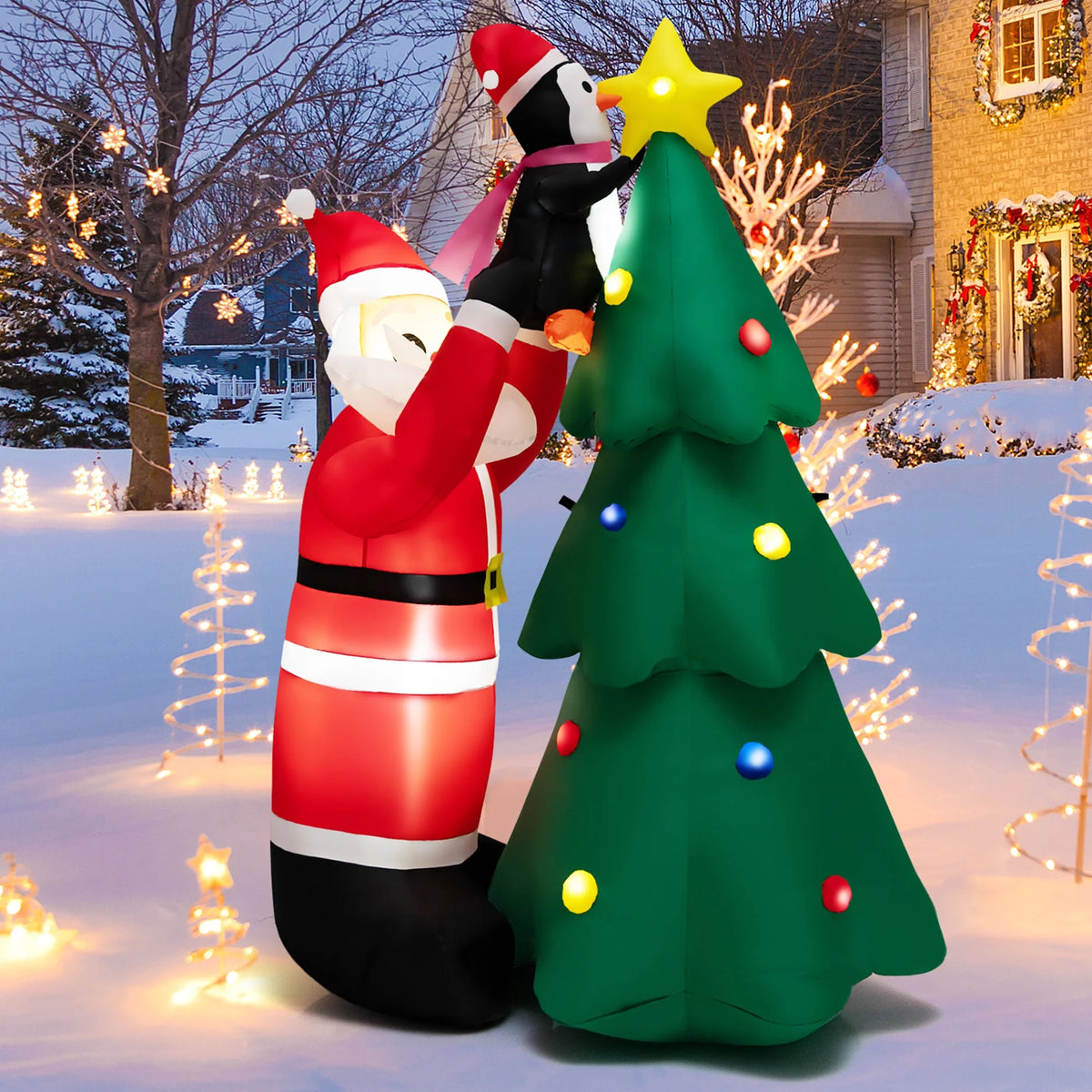 6FT Christmas Inflatable Tree Santa Claus & Penguin Decor with LED Lights U35944