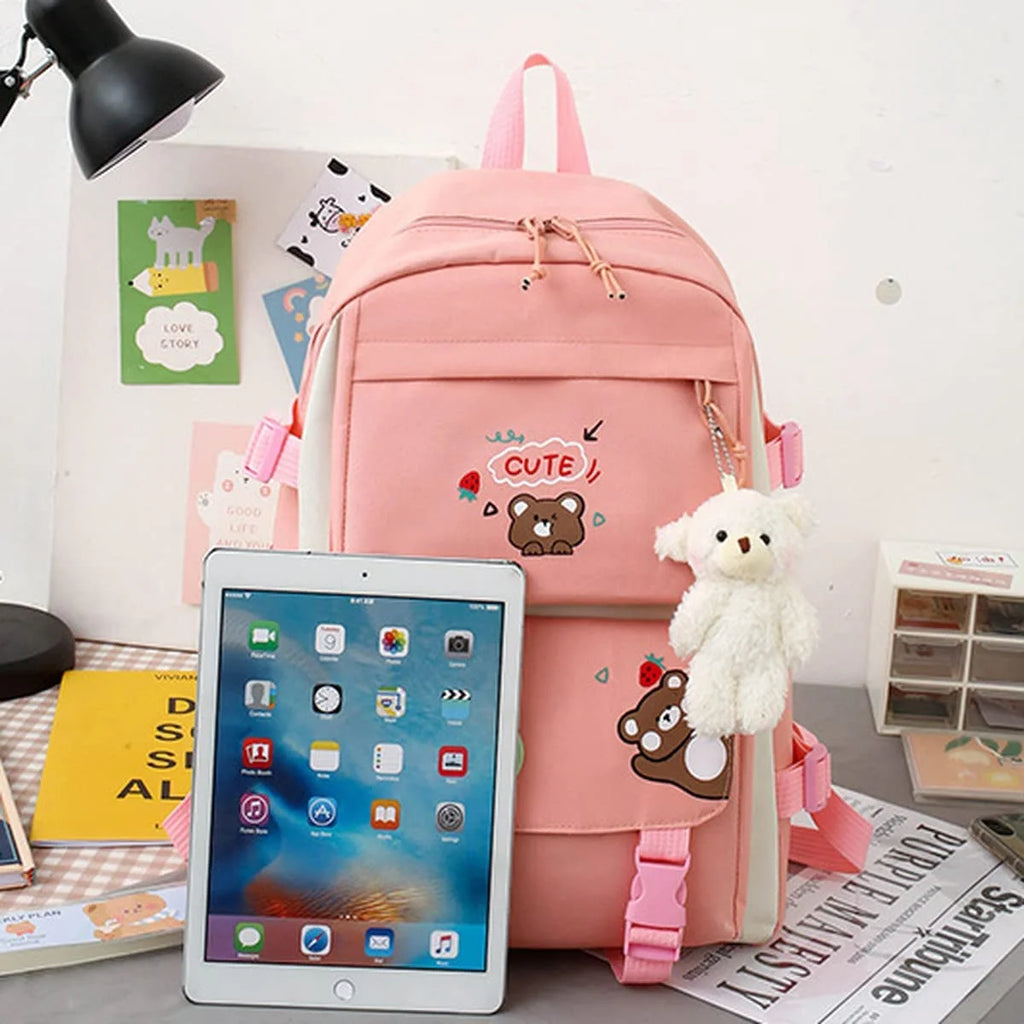 5Pcs Backpacks Combo Set with Bear Pendant & Pins O7514