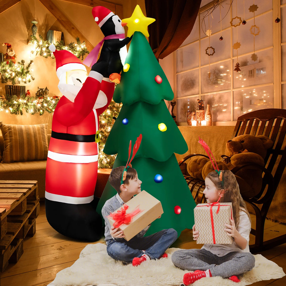 6FT Christmas Inflatable Tree Santa Claus & Penguin Decor with LED Lights U35944