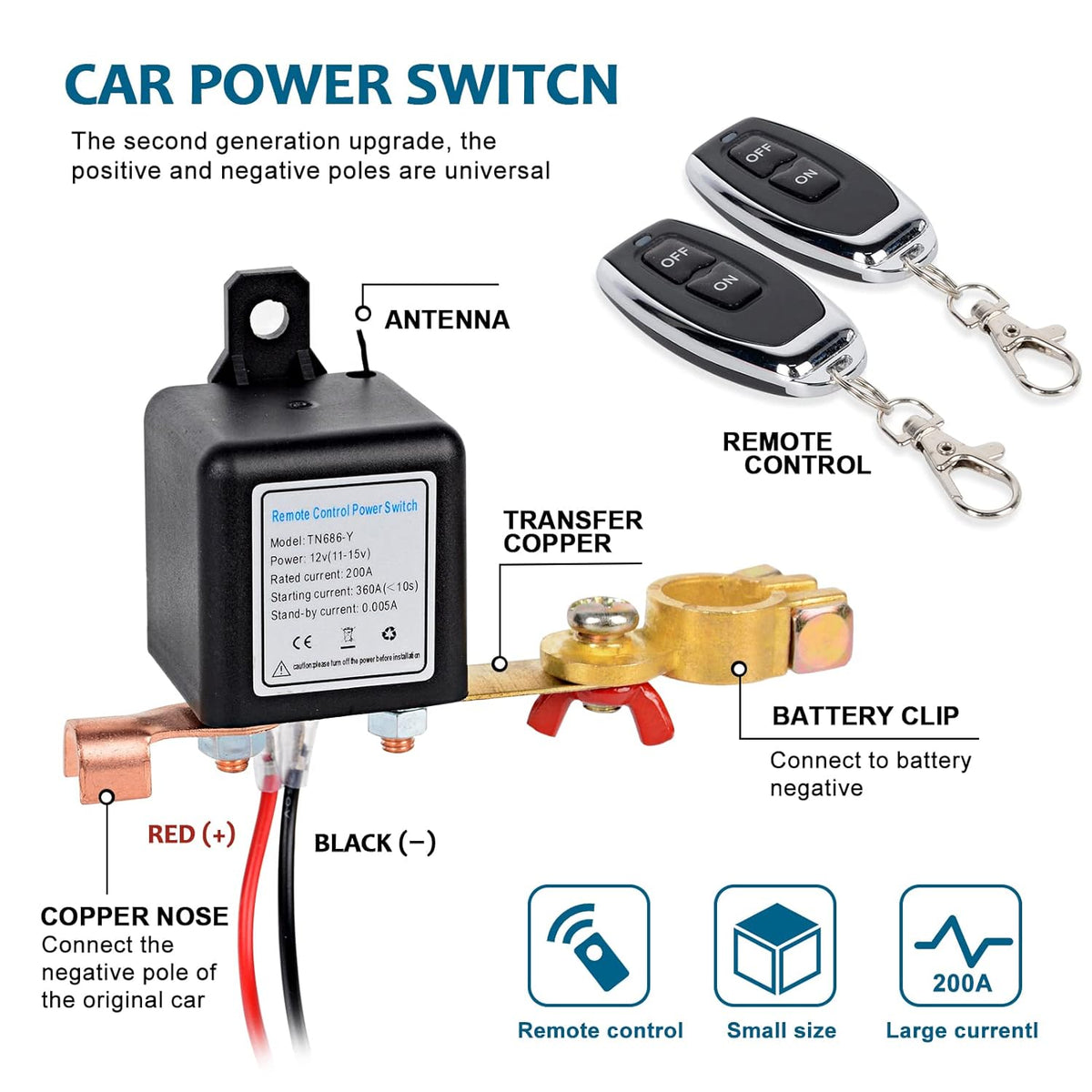 Wireless Remote Control Battery Disconnect Switch for Car DC12V 200A G1126