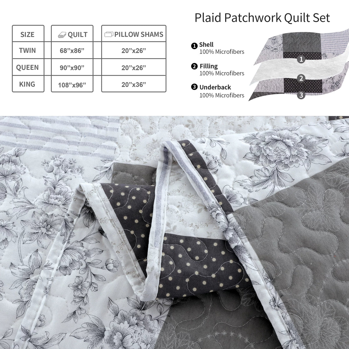 King Size Black White Grey Plaid Patchwork Quilt Microfiber Bedspread U7413