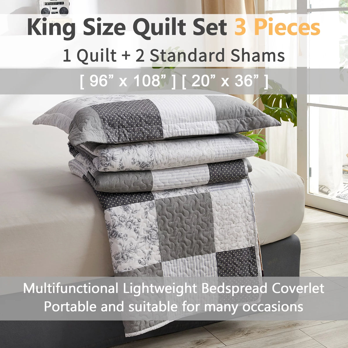 King Size Black White Grey Plaid Patchwork Quilt Microfiber Bedspread U7413