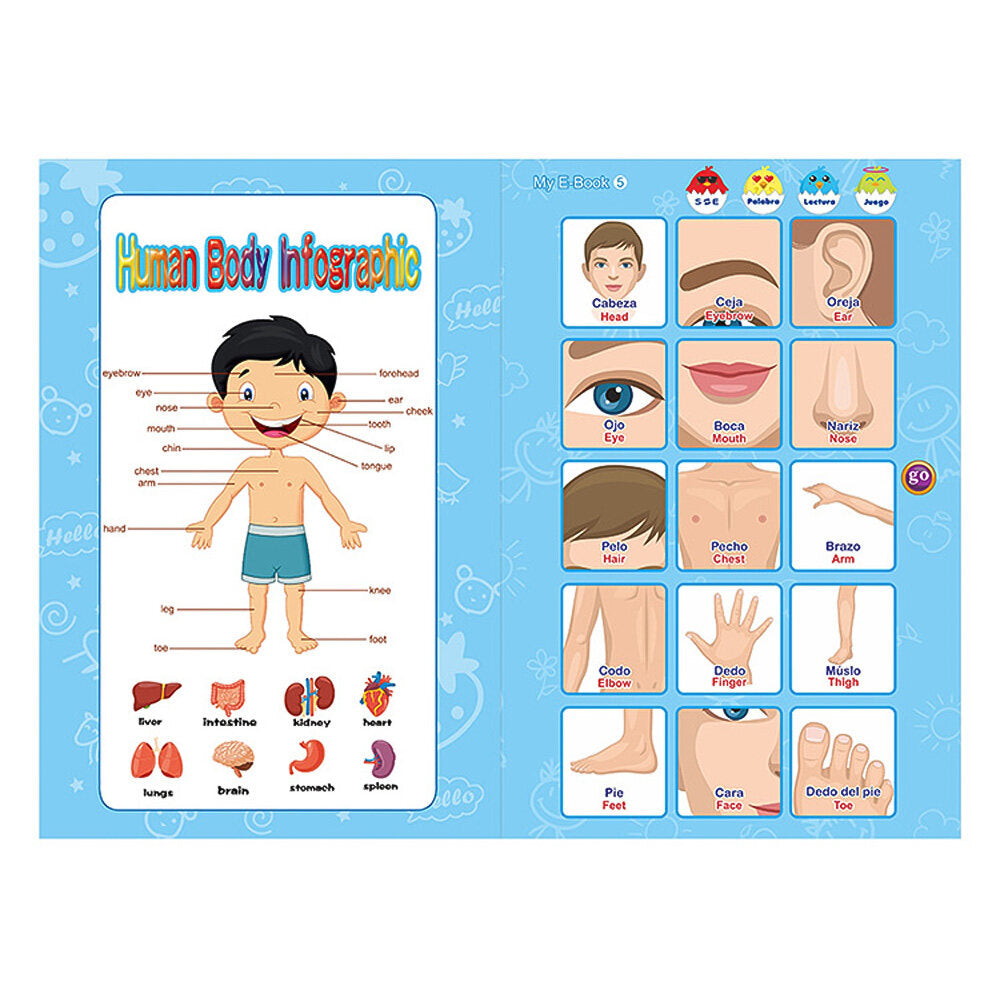 2-in-1 Spanish English Sound Board Book Interactive Talking Book Early Educational Reading Toy H51825