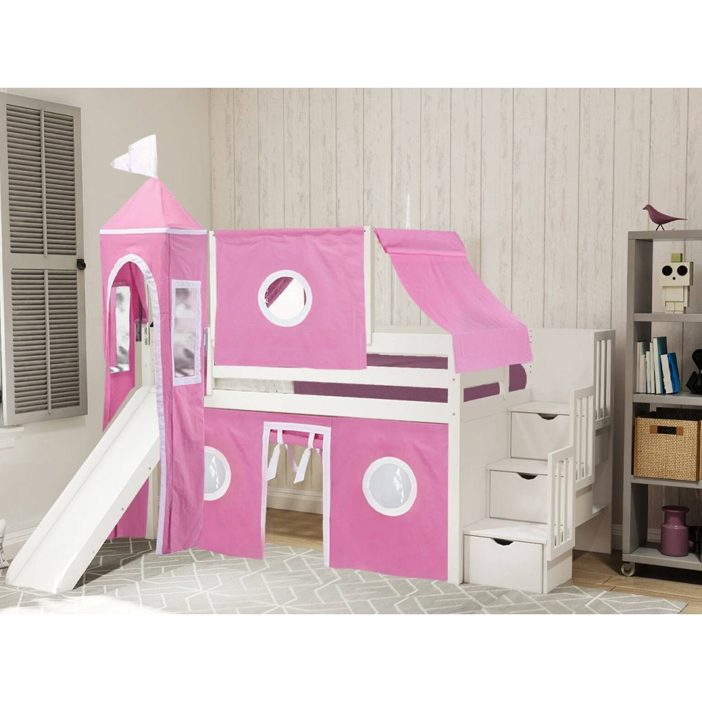 Blue Low Loft Twin Stairway Bed with Slide and Tent T3277