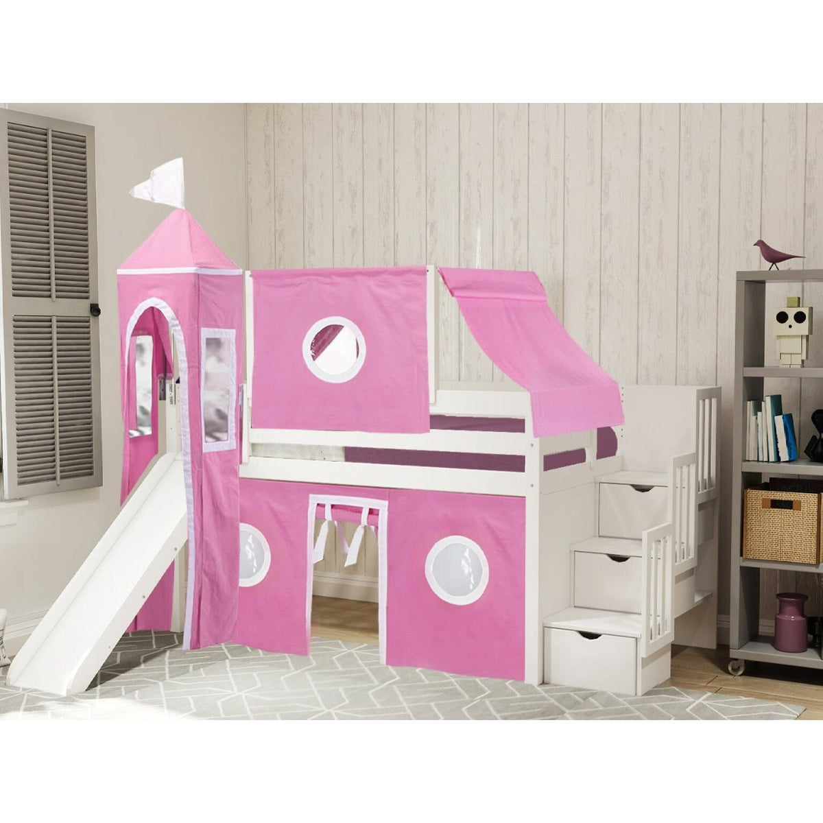 Blue Low Loft Twin Stairway Bed with Slide and Tent T3277