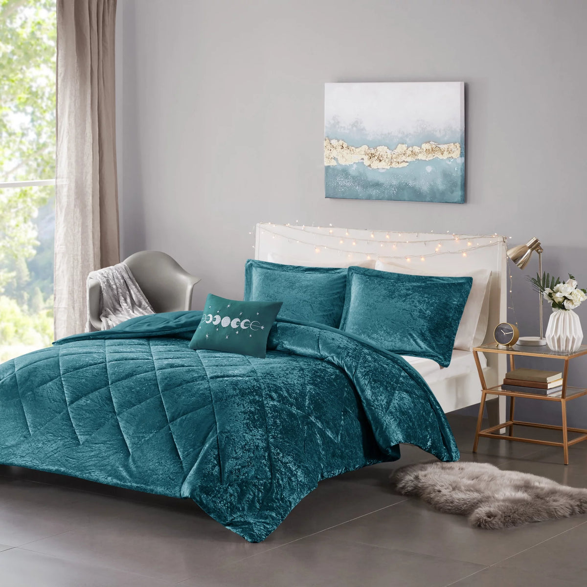Teal Velvet Quilted Duvet Cover Set U5683