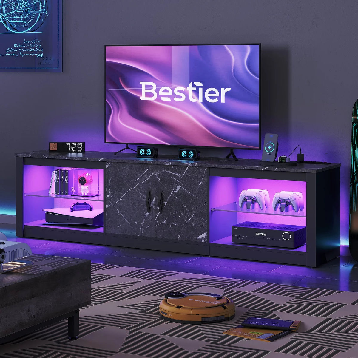 Black Marble TV Stand with LED Lights & Power Outlet L16106