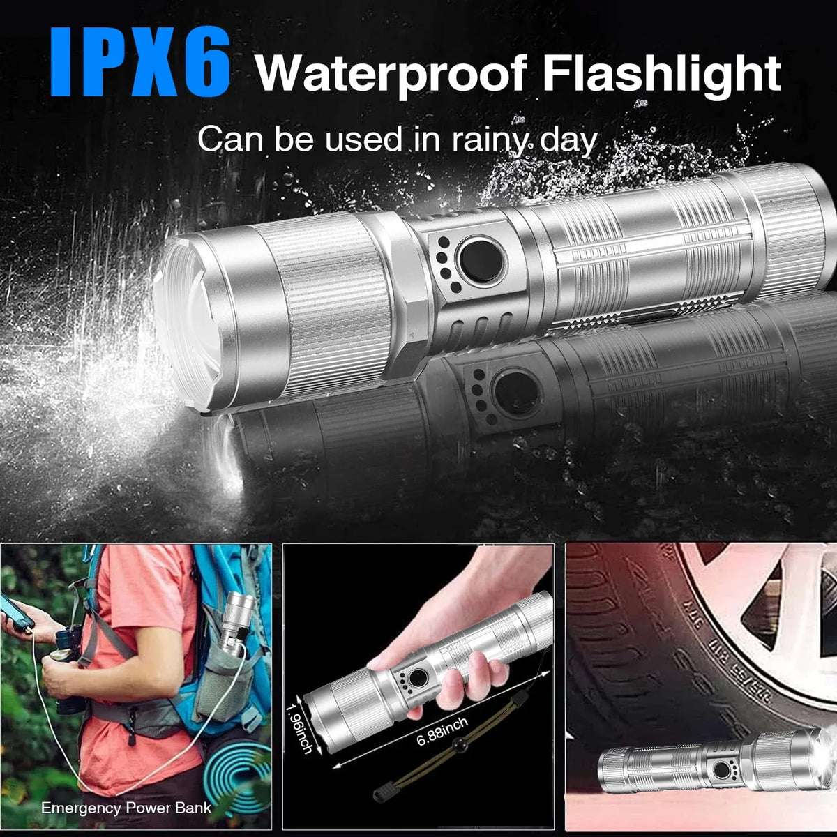 100000 Lumen Rechargeable LED Flashlight with 7 Modes and COB Sidelight L19273