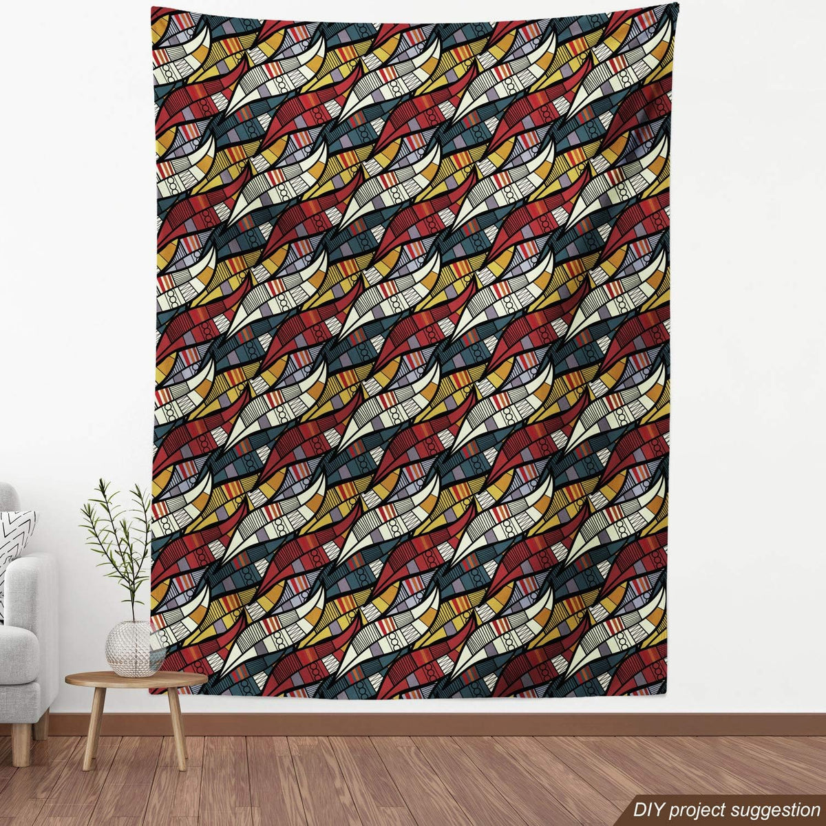 African Fabric by The Yard, Diagonal Abstract Leaves with Circles Chevrons Lines, Ruby Grey F6909