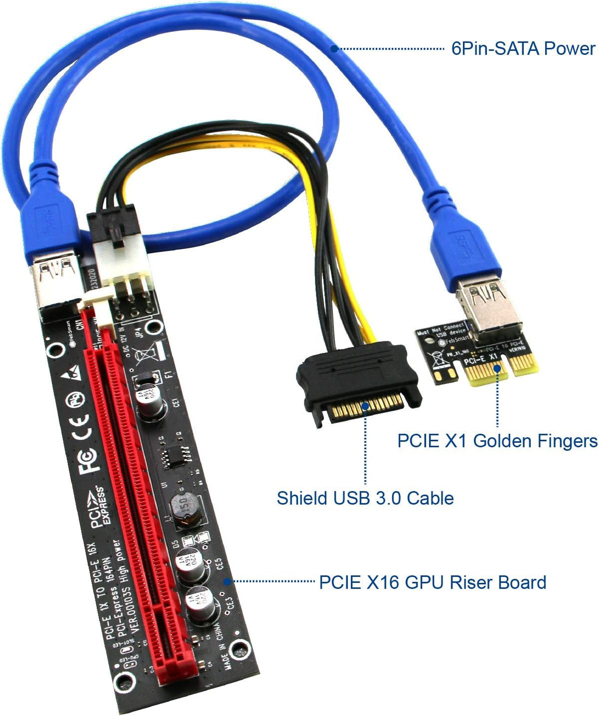 PCIE Riser Cable with 6Pin-SATA Power Cable and 23.6in Extension Cable, Pack of 2 U493758