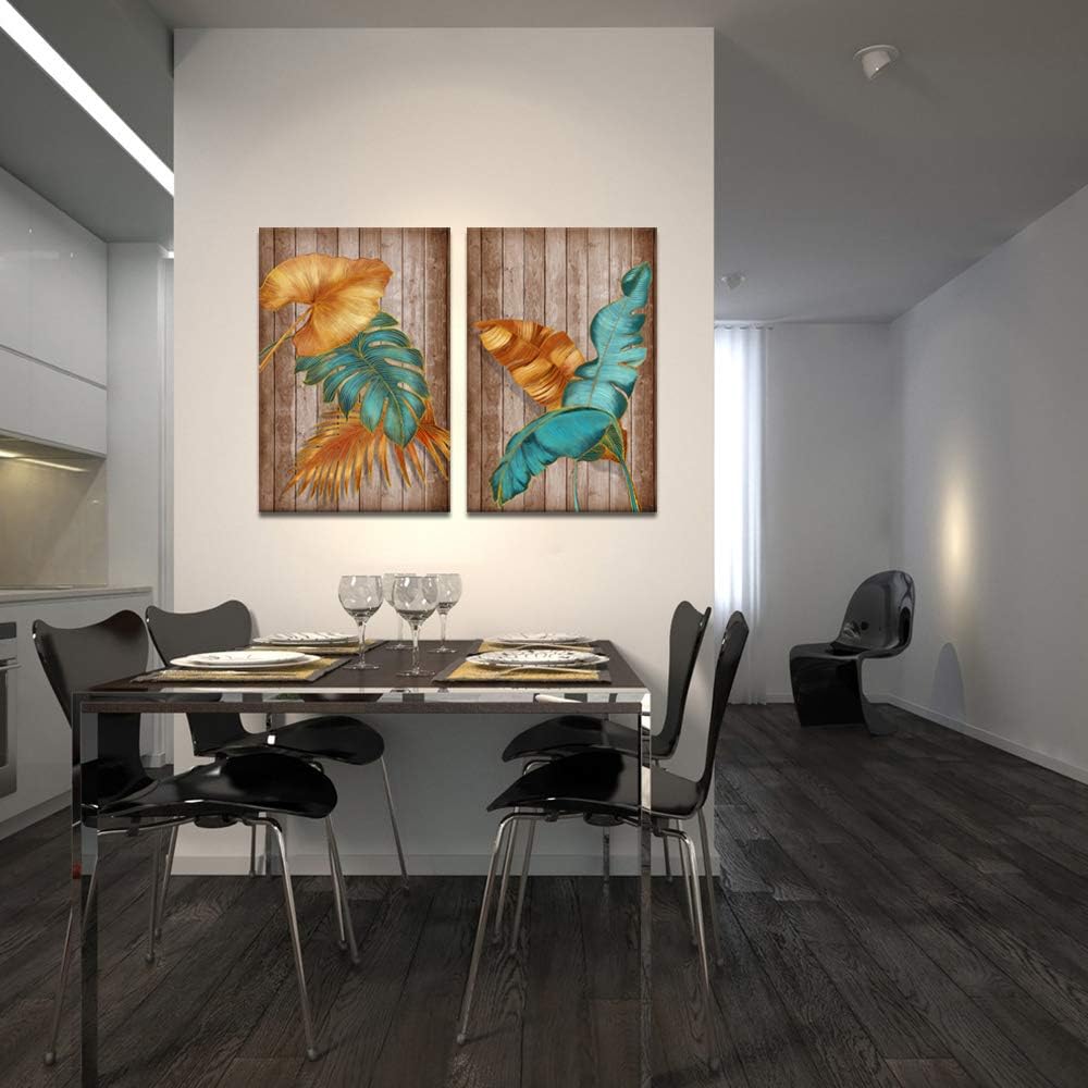 2 Piece Brown Teal Tropical Leaves Canvas Print Wall Art I224