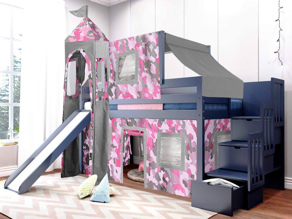 Blue Low Loft Twin Stairway Bed with Slide and Tent T3277