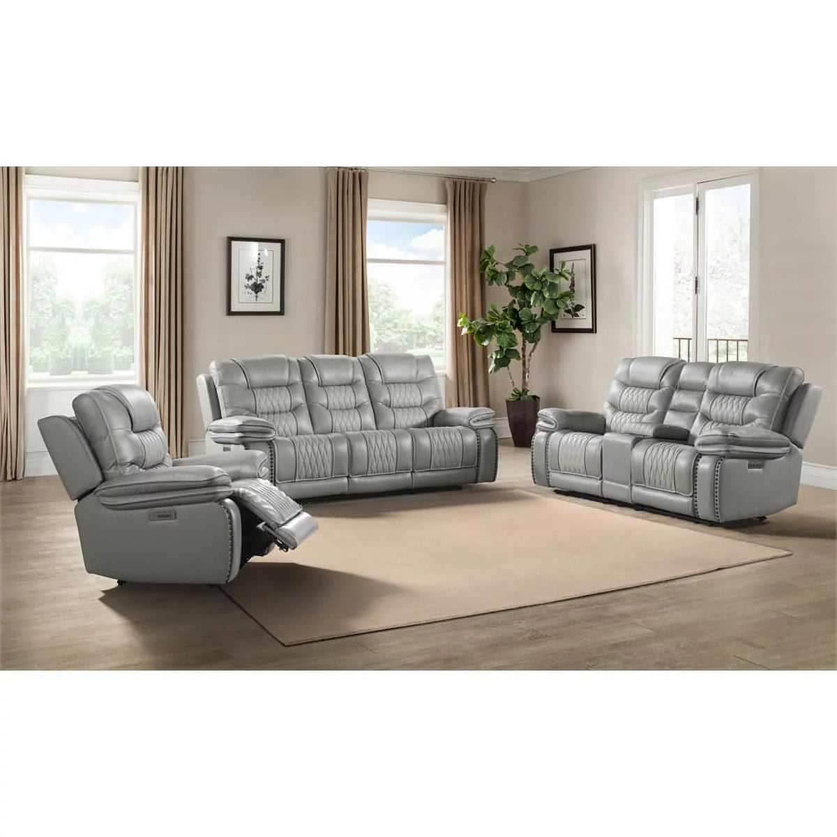 Light Gray Top Grain Leather Dual-Power Recliner C47079