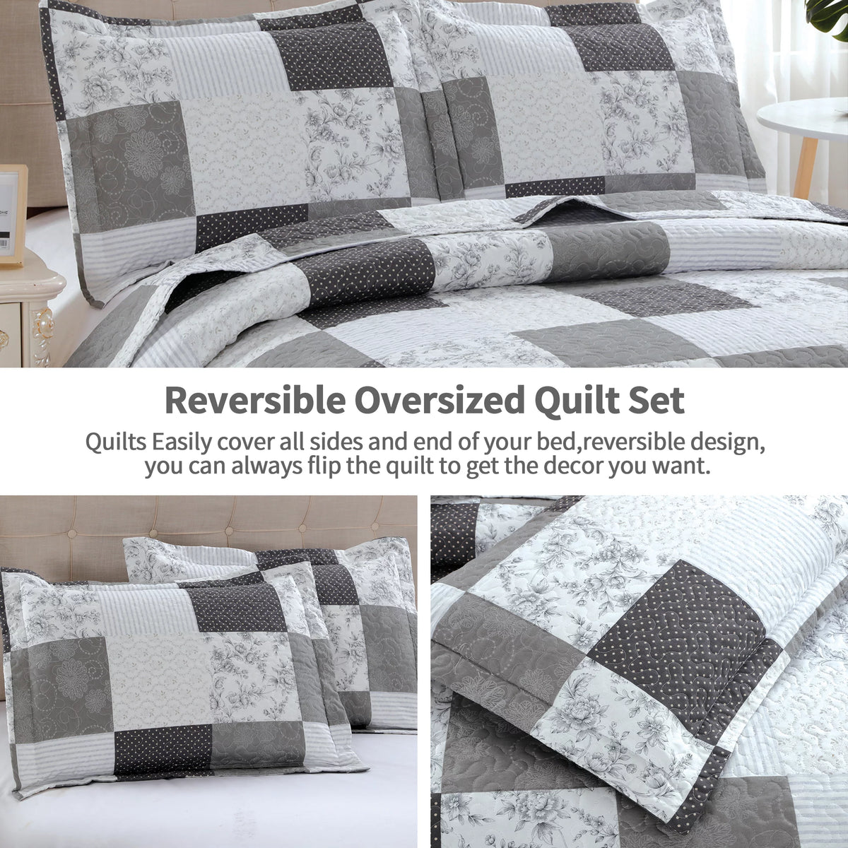 King Size Black White Grey Plaid Patchwork Quilt Microfiber Bedspread U7413