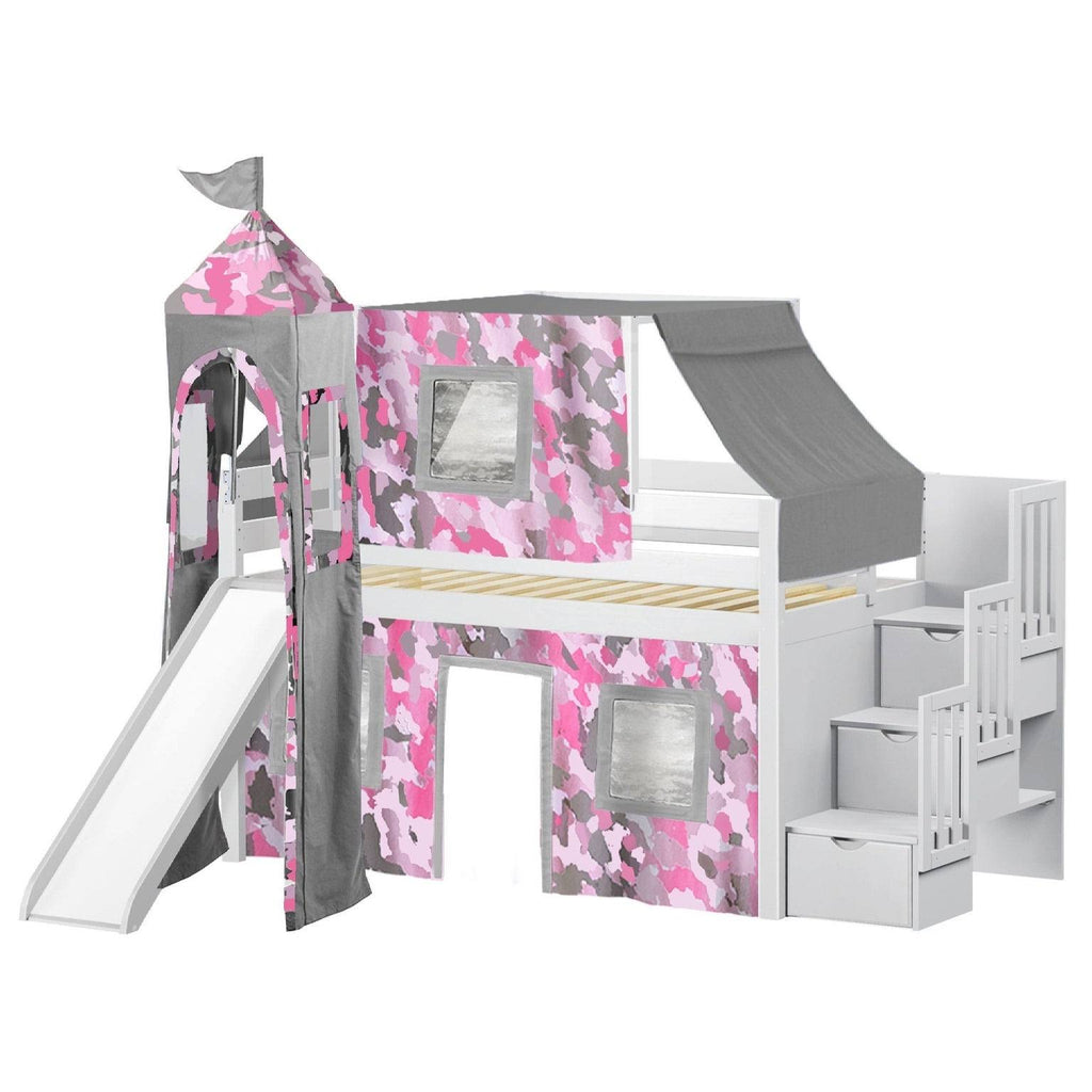 Blue Low Loft Twin Stairway Bed with Slide and Tent T3277