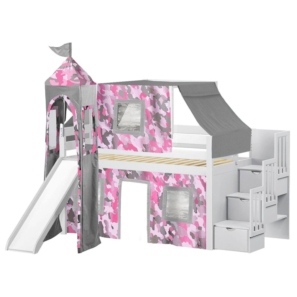 Blue Low Loft Twin Stairway Bed with Slide and Tent T3277