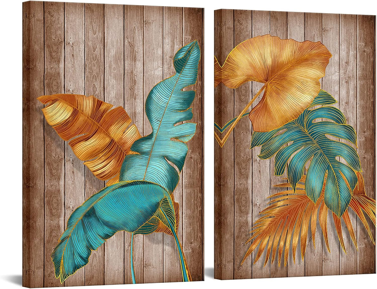 2 Piece Brown Teal Tropical Leaves Canvas Print Wall Art I224