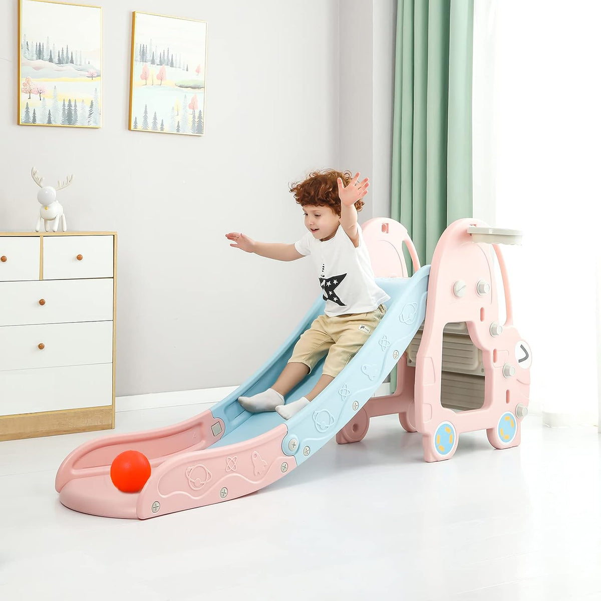 Kids Playground Slide with Basketball Hoop Y81396