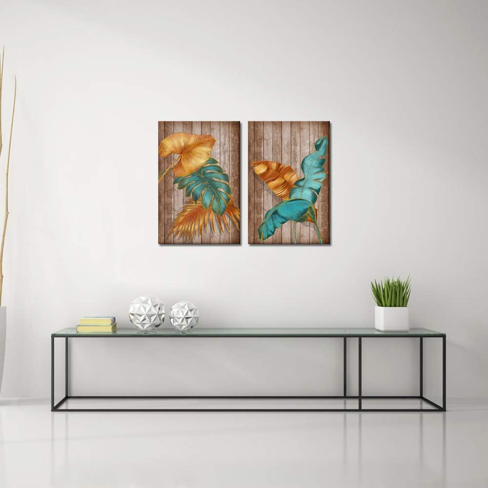 2 Piece Brown Teal Tropical Leaves Canvas Print Wall Art I224