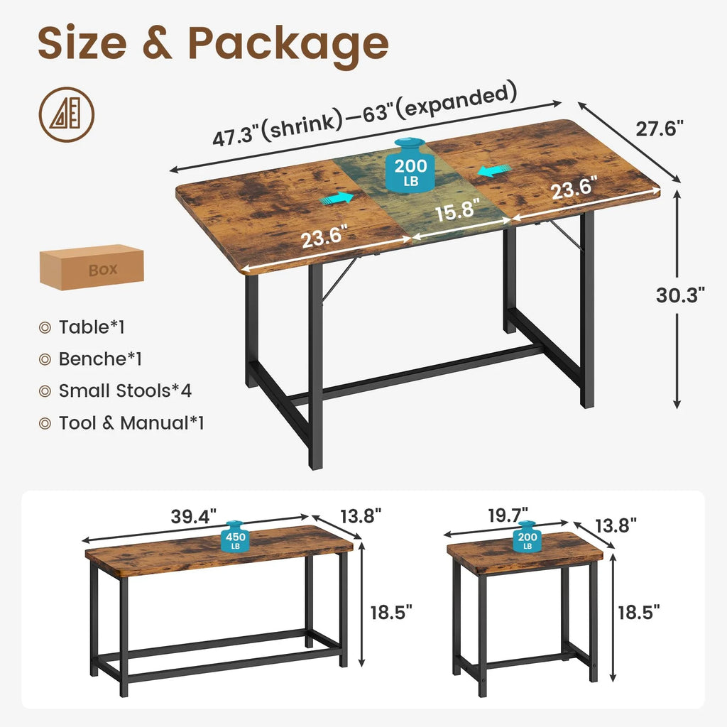 6 Piece Extendable Dining Table Set with Bench and 4 Stools I576403