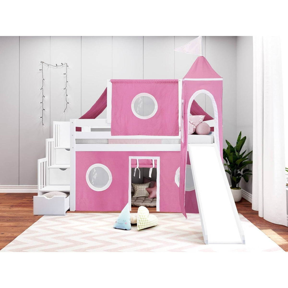 Blue Low Loft Twin Stairway Bed with Slide and Tent T3277