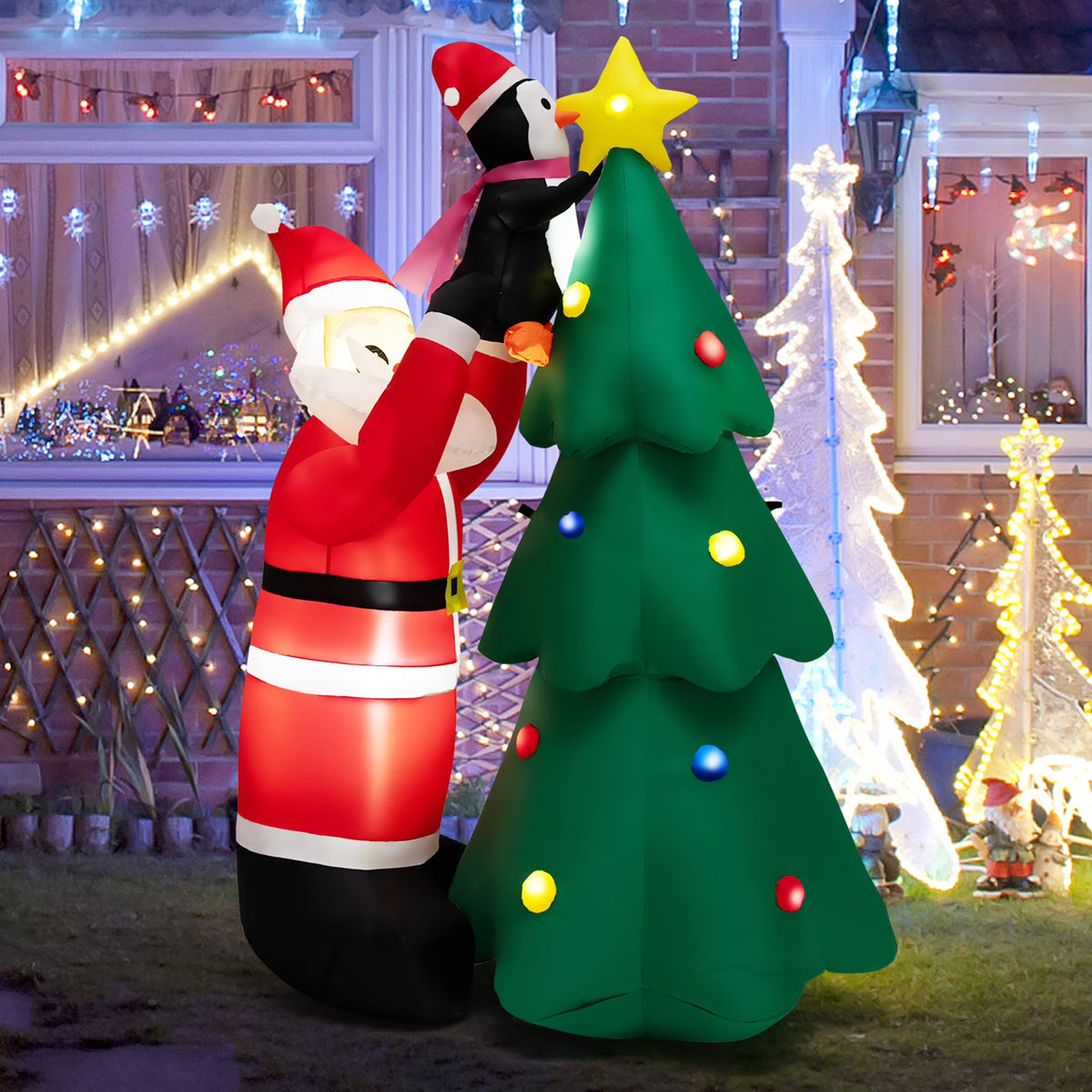 6FT Christmas Inflatable Tree Santa Claus & Penguin Decor with LED Lights U35944
