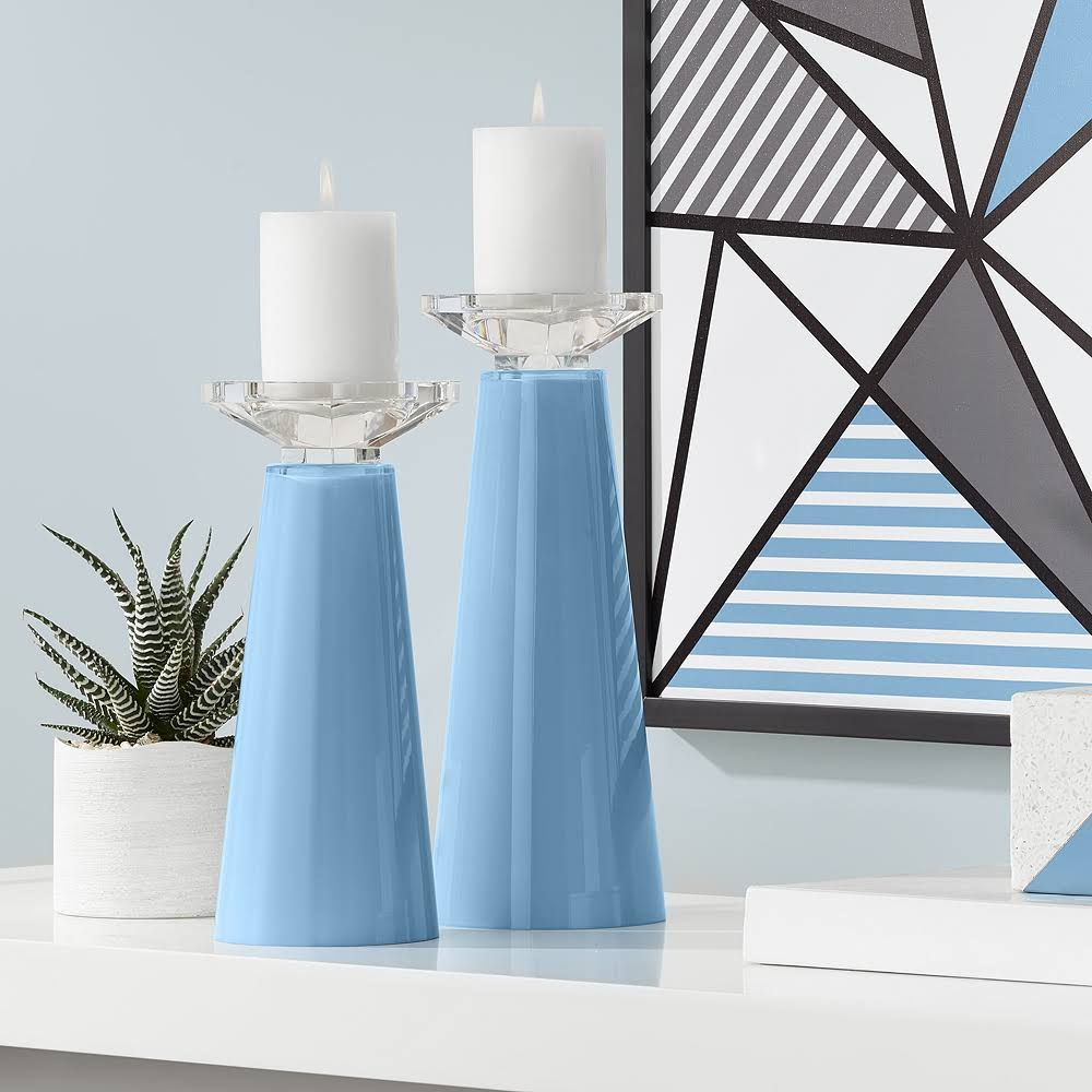 Blue Glass Pillar Candle Holder Set of 2 O4377