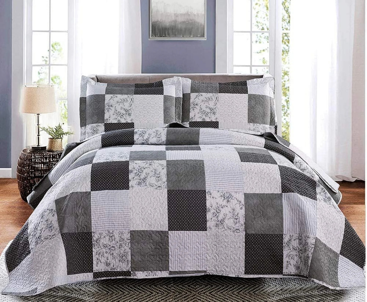 King Size Black White Grey Plaid Patchwork Quilt Microfiber Bedspread U7413