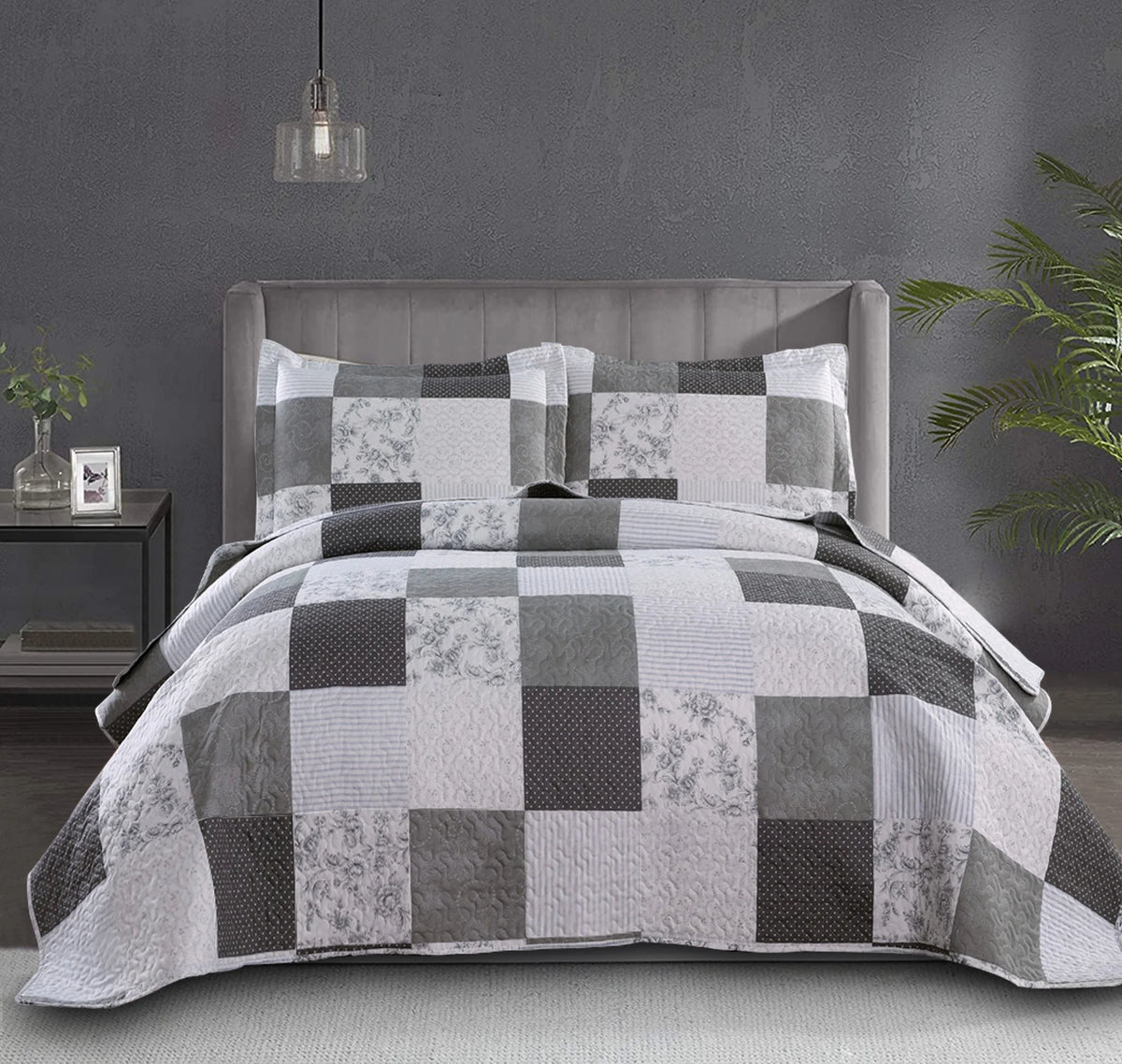 King Size Black White Grey Plaid Patchwork Quilt Microfiber Bedspread U7413
