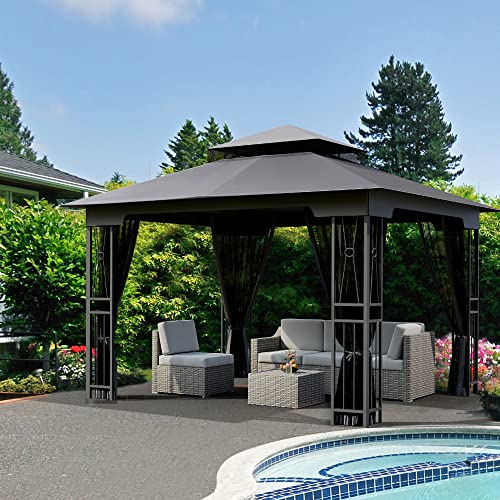 10' X 12' Outdoor Patio Gazebo with Mosquito Netting Dark Brown C389