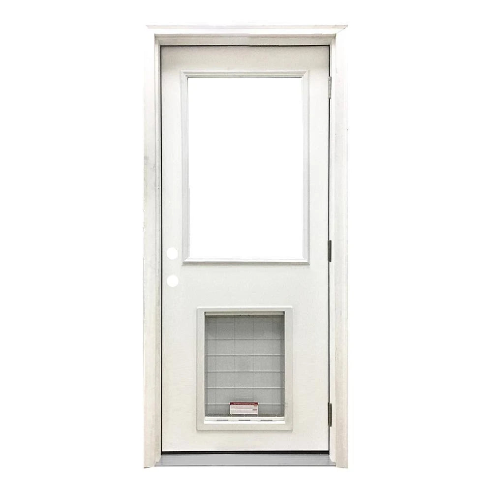 36 in. x 80 in. White Primed Fiberglass Prehung Back Door with Pet Door P7575