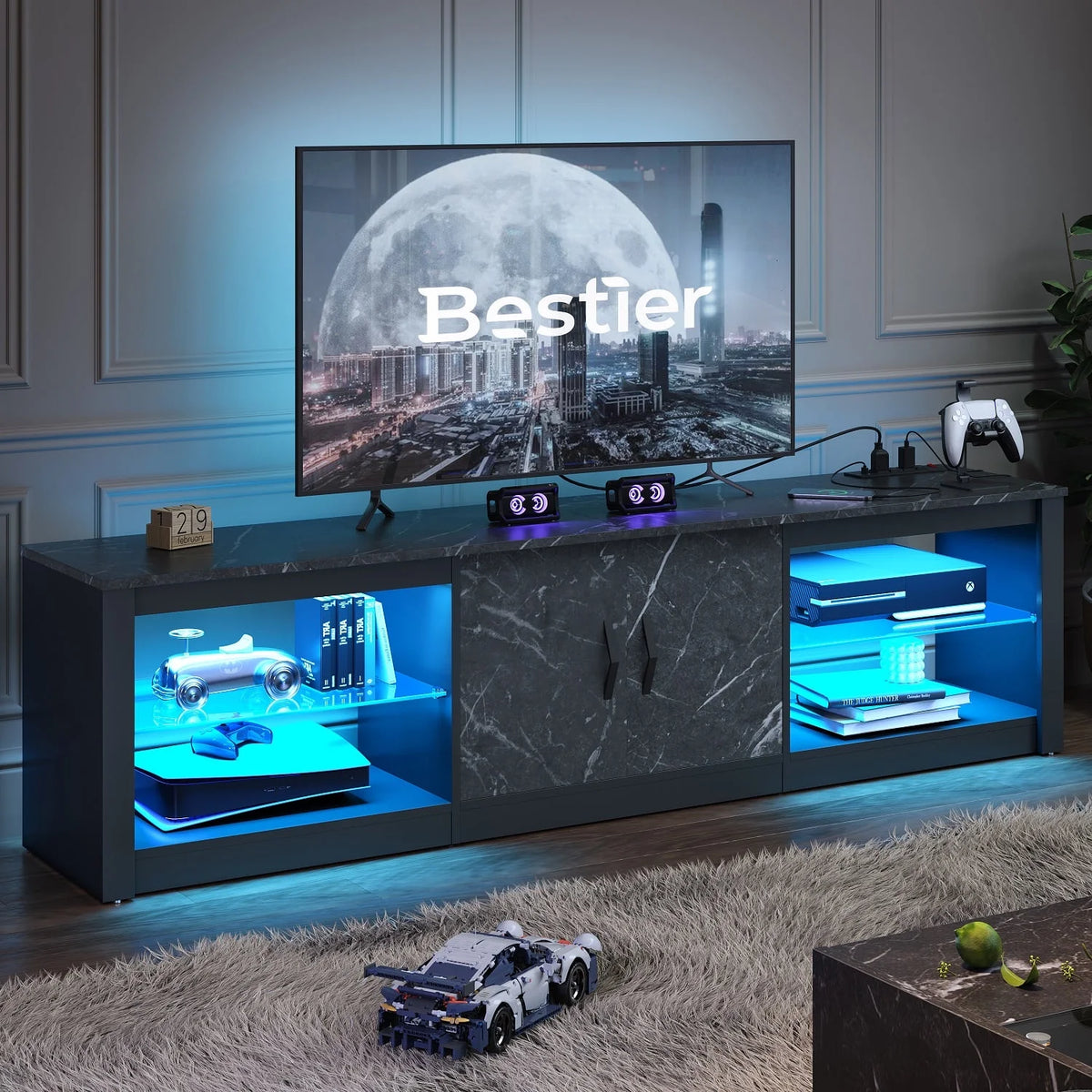 Black Marble TV Stand with LED Lights & Power Outlet L16106