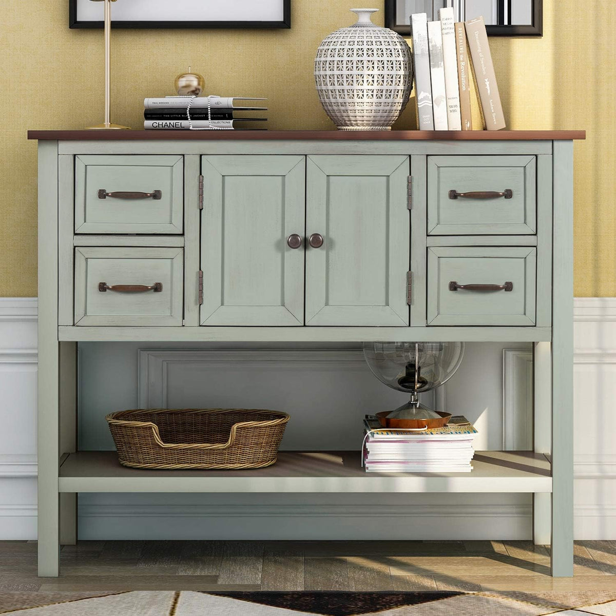Green Wood Buffet Console Table with Drawers & Open Shelf U8295