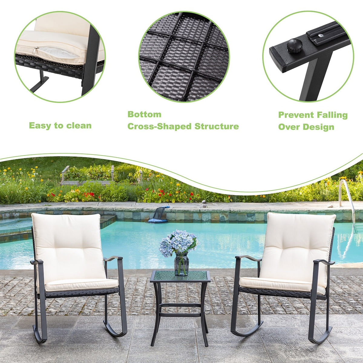 3 Piece Beige Outdoor Rocking Chair Set P6124