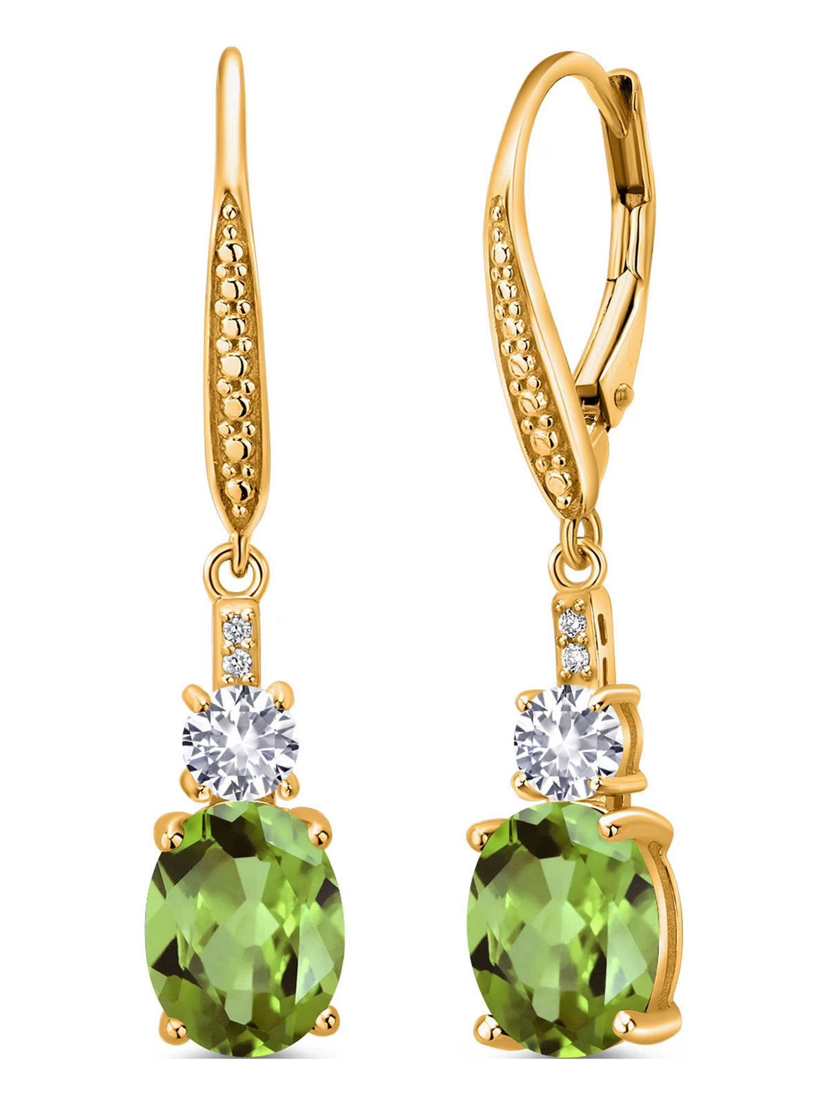 18K Yellow Gold Plated Silver Green Peridot and White Created Sapphire Dangle Earrings with Lab Grown Diamond E728