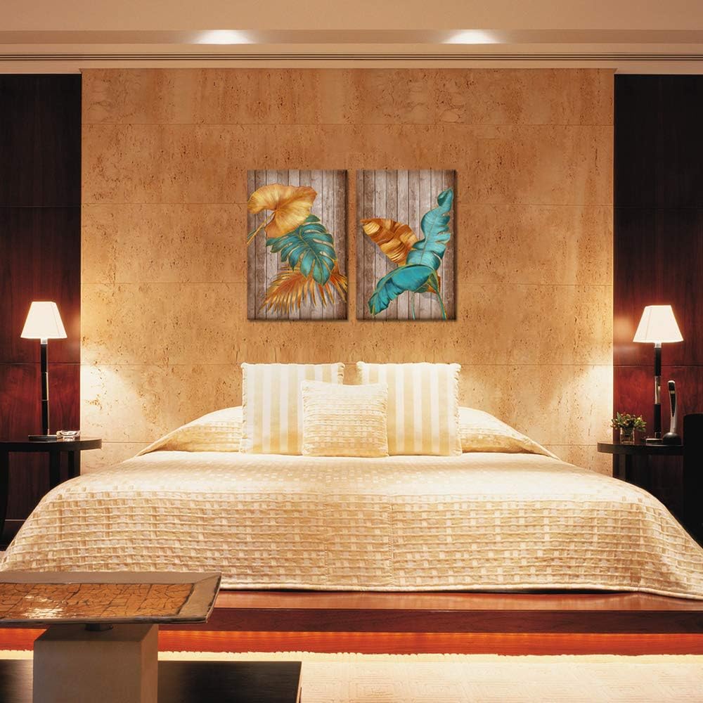2 Piece Brown Teal Tropical Leaves Canvas Print Wall Art I224